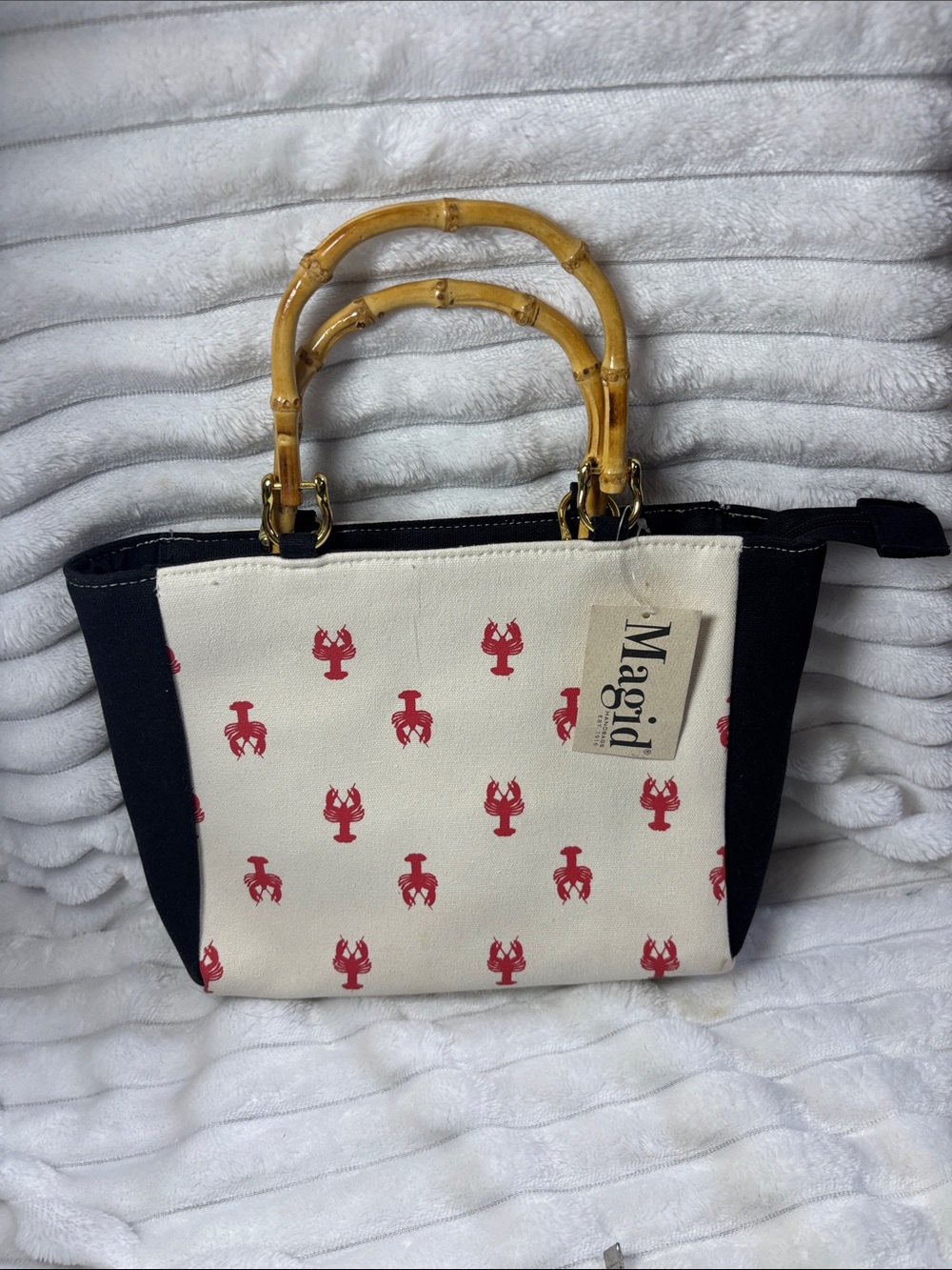 Magid Cream & Black Tote with Red Lobster Print and Bamboo Handles